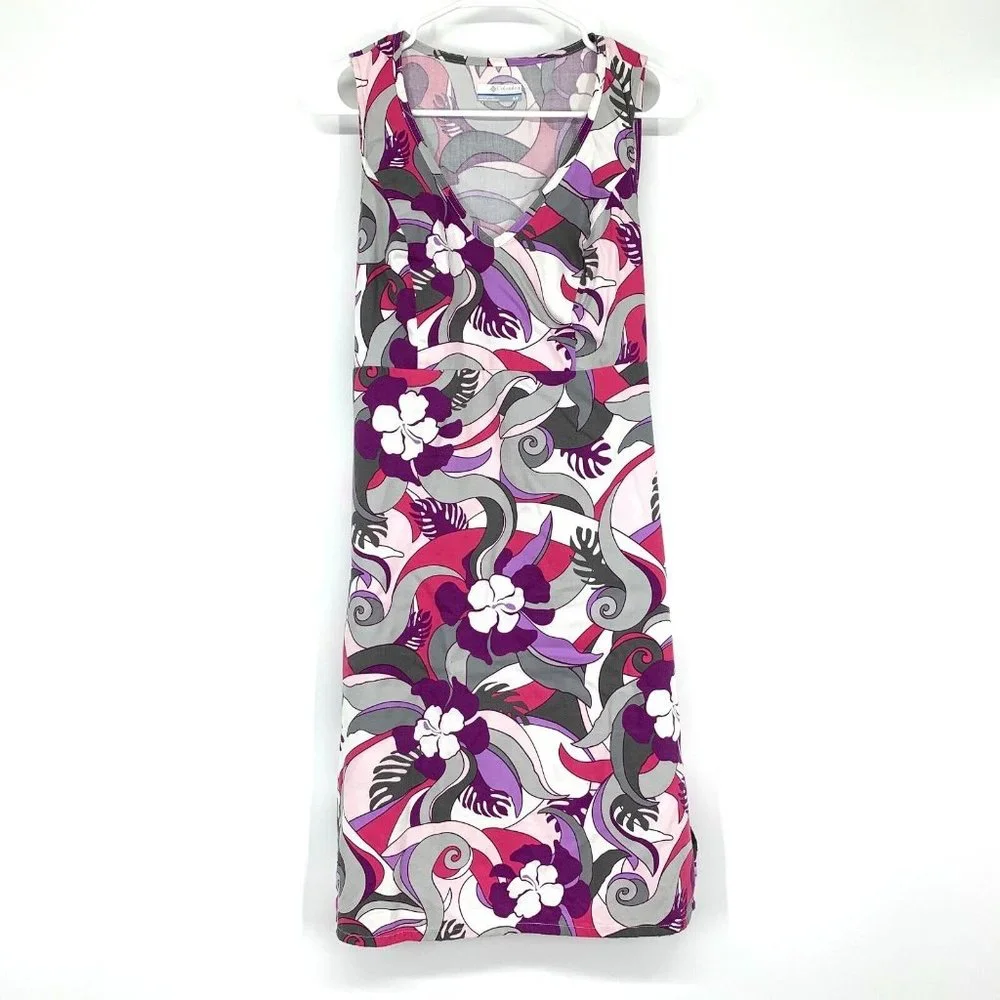 Columbia PFG Dress Purple Floral Print Sleeveless V Neck
